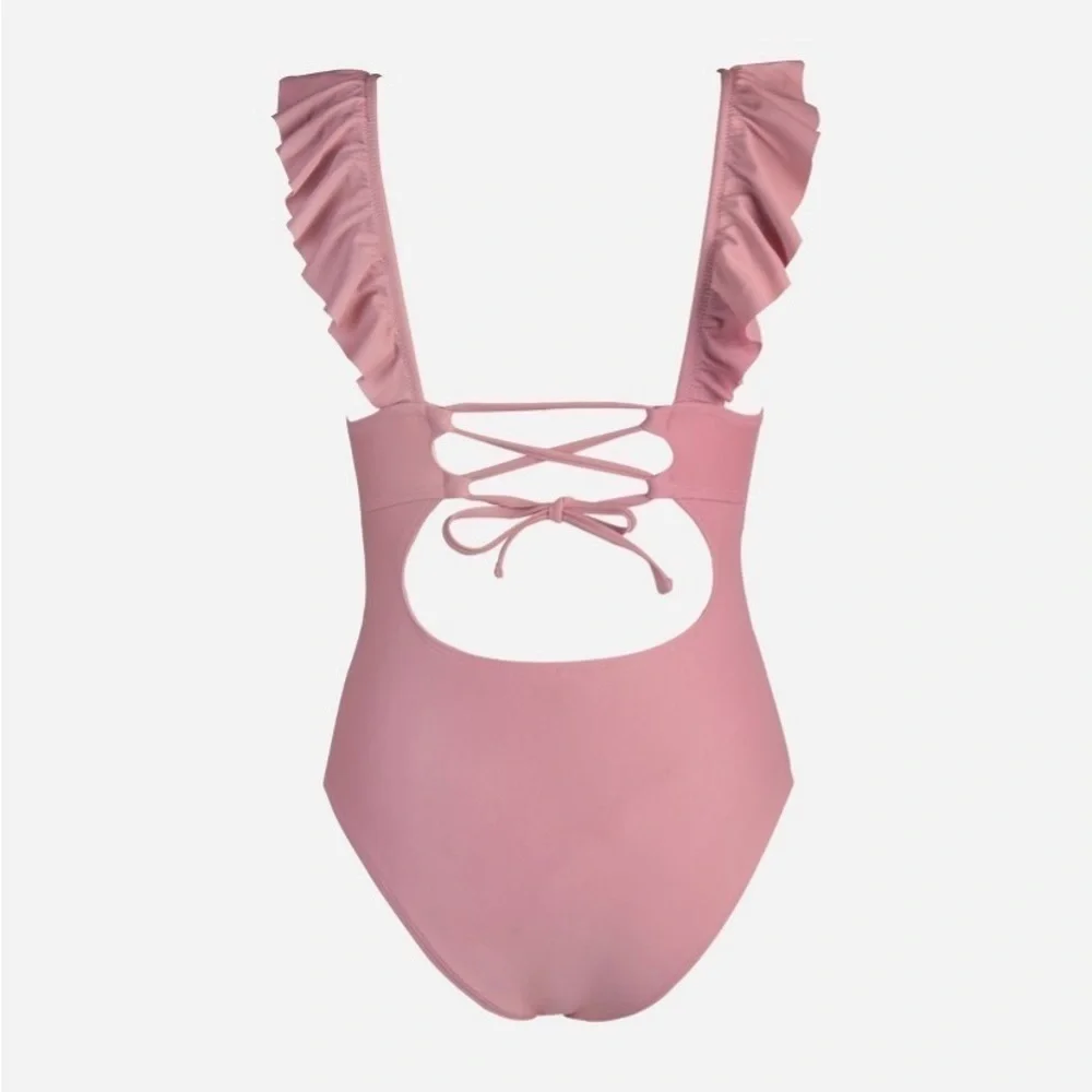 Women's Ruffled Lace Up One Piece Swimsuit --xl Pink
